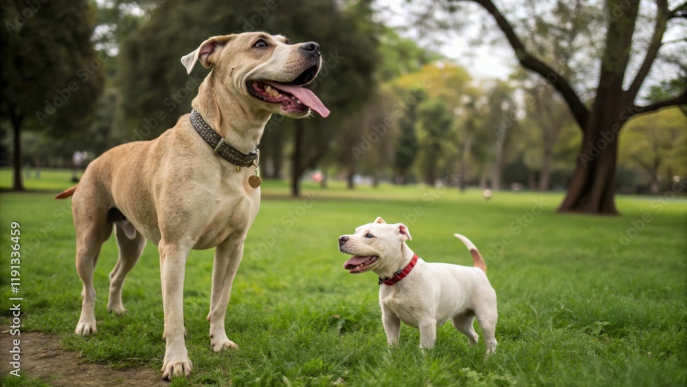 Dos perros juntos en un parque (uno grande y otro pequeño) Dos perros juntos en un parque (uno grande y otro pequeño)