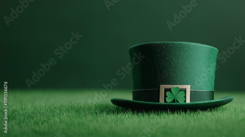 A vibrant green top hat adorned with a shamrock, resting on a lush green background, symbolizing celebration and tradition. Ideal for St. Patrick's Day and Irish culture themes. photo