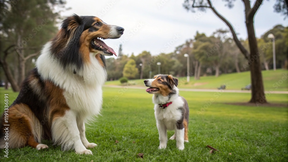 Dos perros juntos en un parque (uno grande y otro pequeño) Dos perros juntos en un parque (uno grande y otro pequeño)