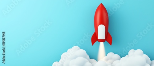 A vibrant illustration of a red rocket taking off into a clear blue sky, surrounded by fluffy white clouds, symbolizing innovation, exploration, and the excitement of space travel.
