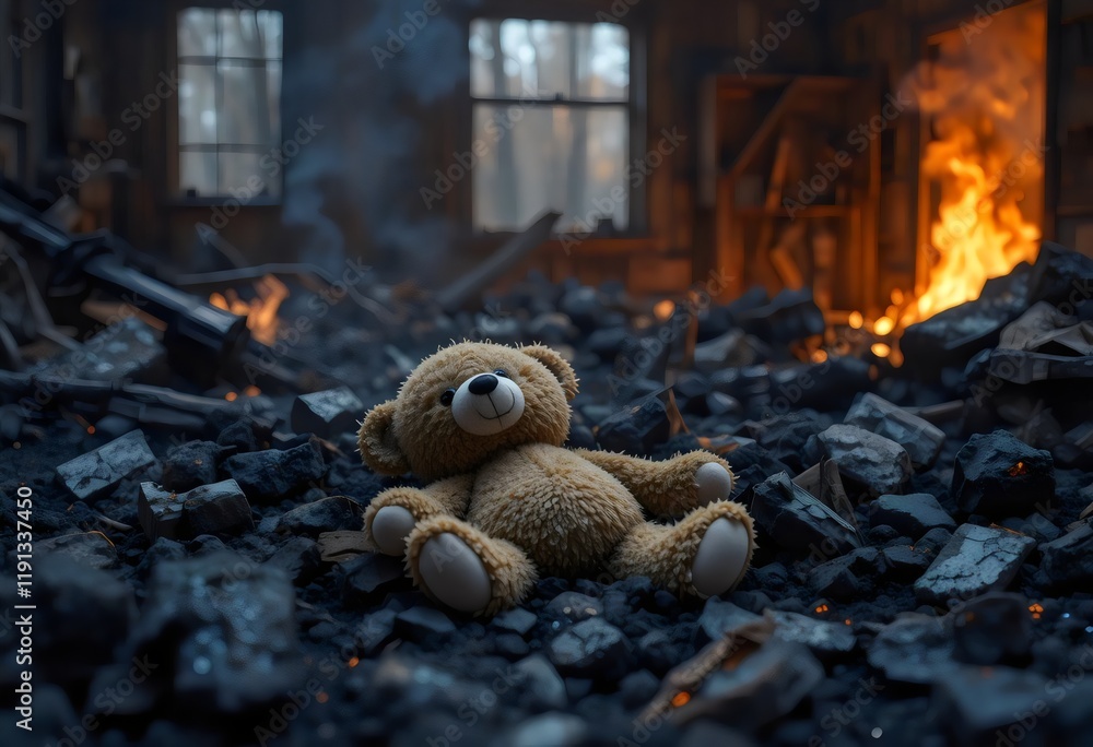 Obraz premium Lost Teddy Bear in Ruins of a Burnt Building, Wildfire Aftermath