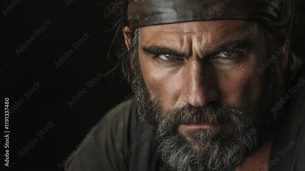 A rugged mature man with a weathered face and a thick beard wears a leather headband, his intense gaze creating a striking and powerful portrait. A rugged mature man with a weathered face and a thick beard wears a leather headband, his intense gaze creating a striking and powerful portrait.