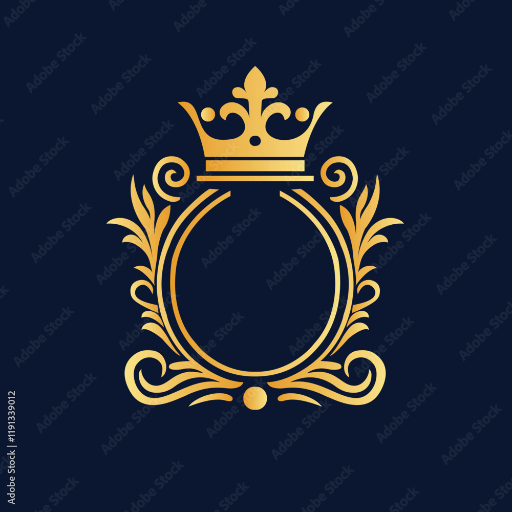 Obraz premium Elegant Golden Emblem with Crown and Laurel Wreath on Dark Blue Background