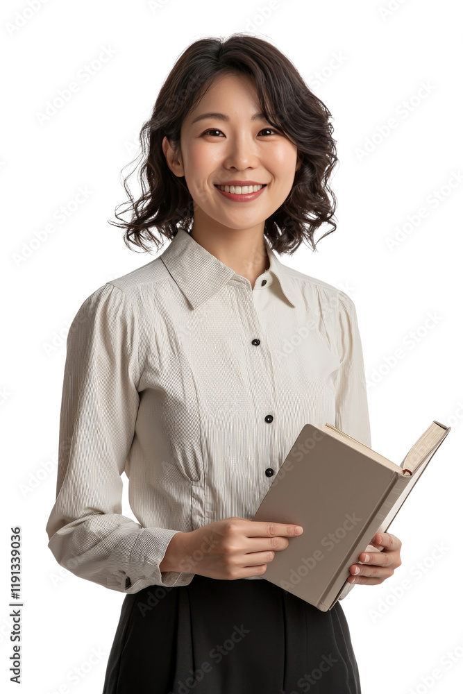 A happy Asian female teacher in her 30s, holding a book and smiling, isolated on transparent background, PNG file A happy Asian female teacher in her 30s, holding a book and smiling, isolated on transparent background, PNG file