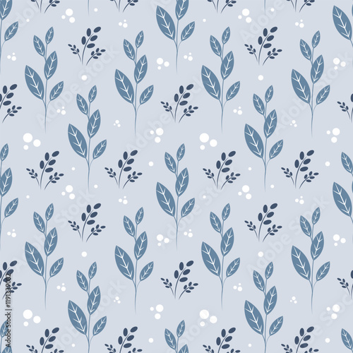 Seamless pattern with blue leaves on a gray background
