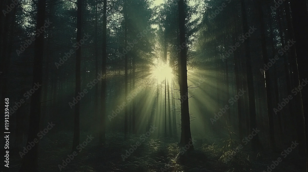 Naklejka premium misty forest sunrise with sun rays breaking through trees and foggy morning mist creating a mystical and serene atmosphere in a tranquil, sunlit forest path at dawn