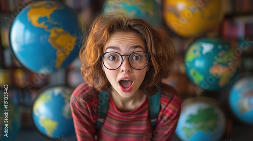 The young woman’s glasses frame her surprised look as she poses in front of an array of world globes, emphasizing discovery and exploration. photo