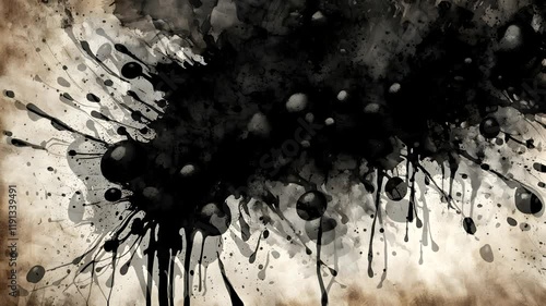 Abstract black ink splatter on a textured background, creating a dramatic artistic effect.