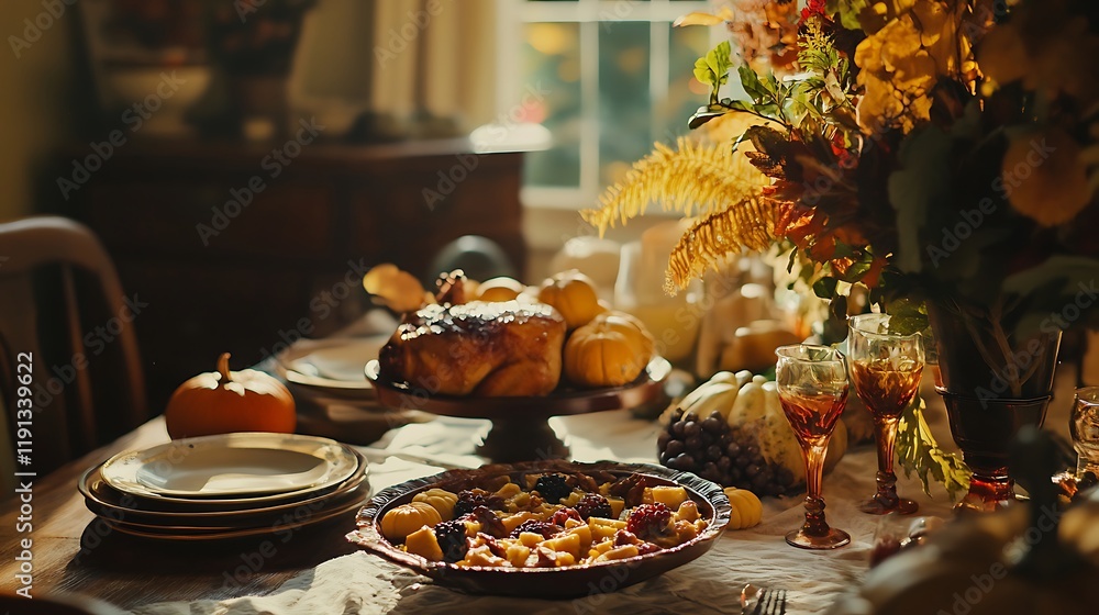 autumn dinner table with roasted turkey and cozy vibe autumn dinner table with roasted turkey and cozy vibe