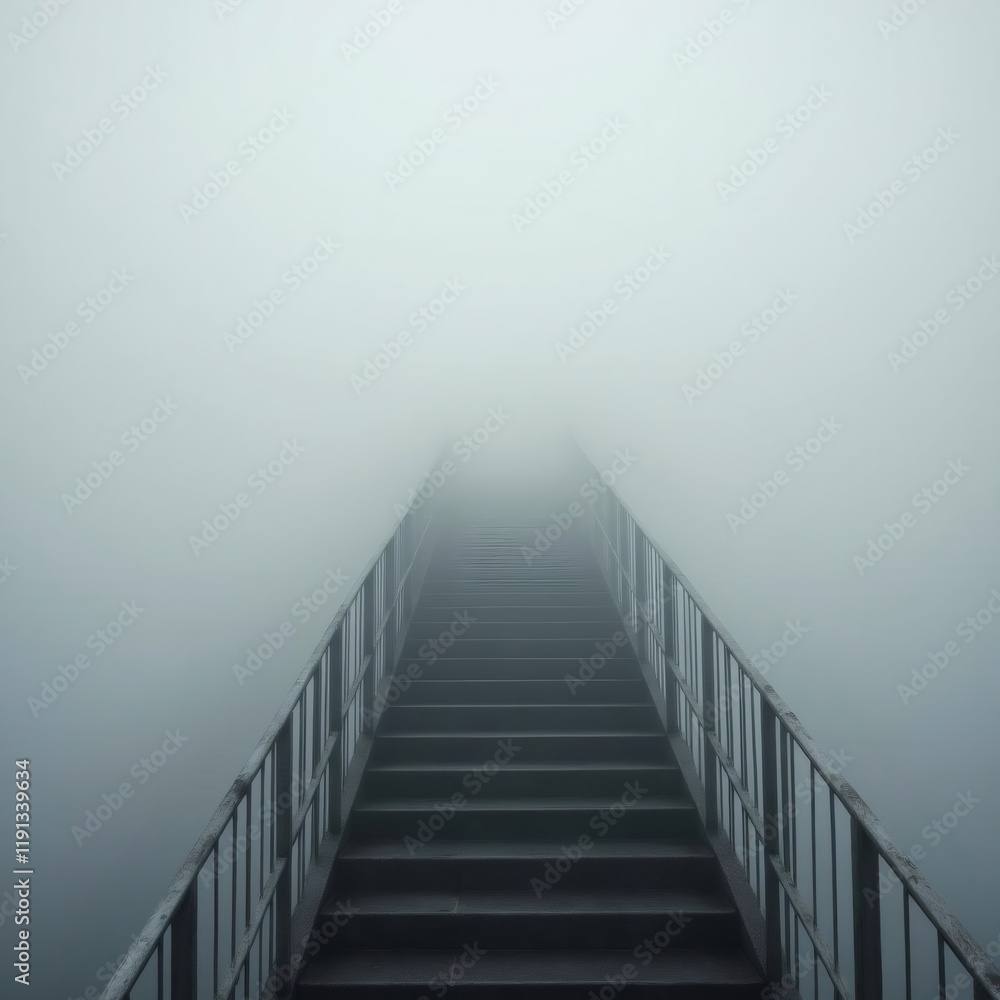 Fototapeta premium Ladder ascending into dense fog creating an atmosphere of uncertainty