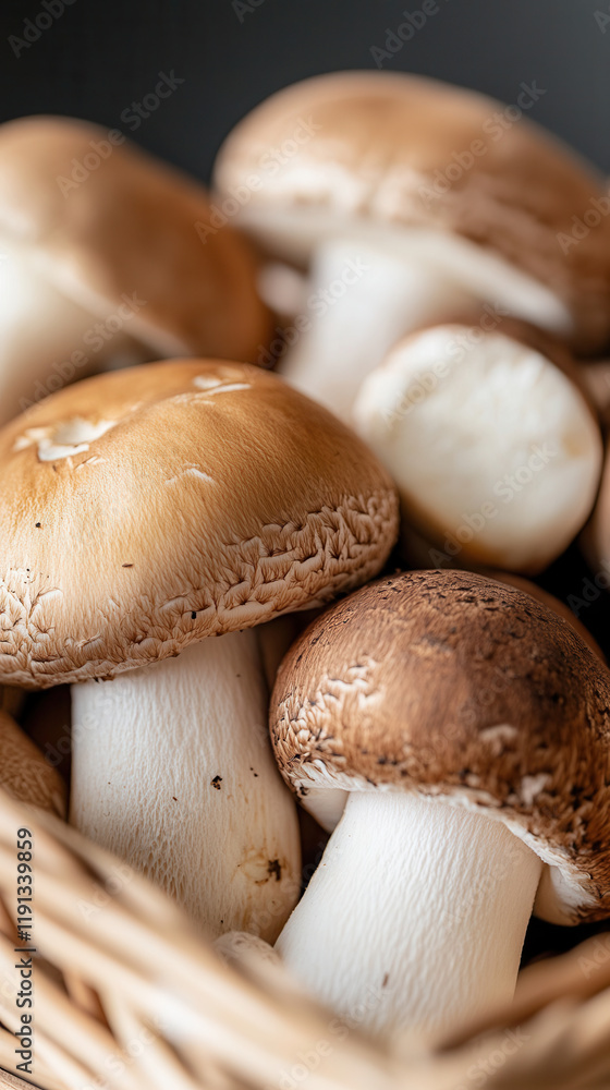 A woven basket filled with fresh mushrooms showcasing macro details and earthy tones in a studio setting A woven basket filled with fresh mushrooms showcasing macro details and earthy tones in a studio setting