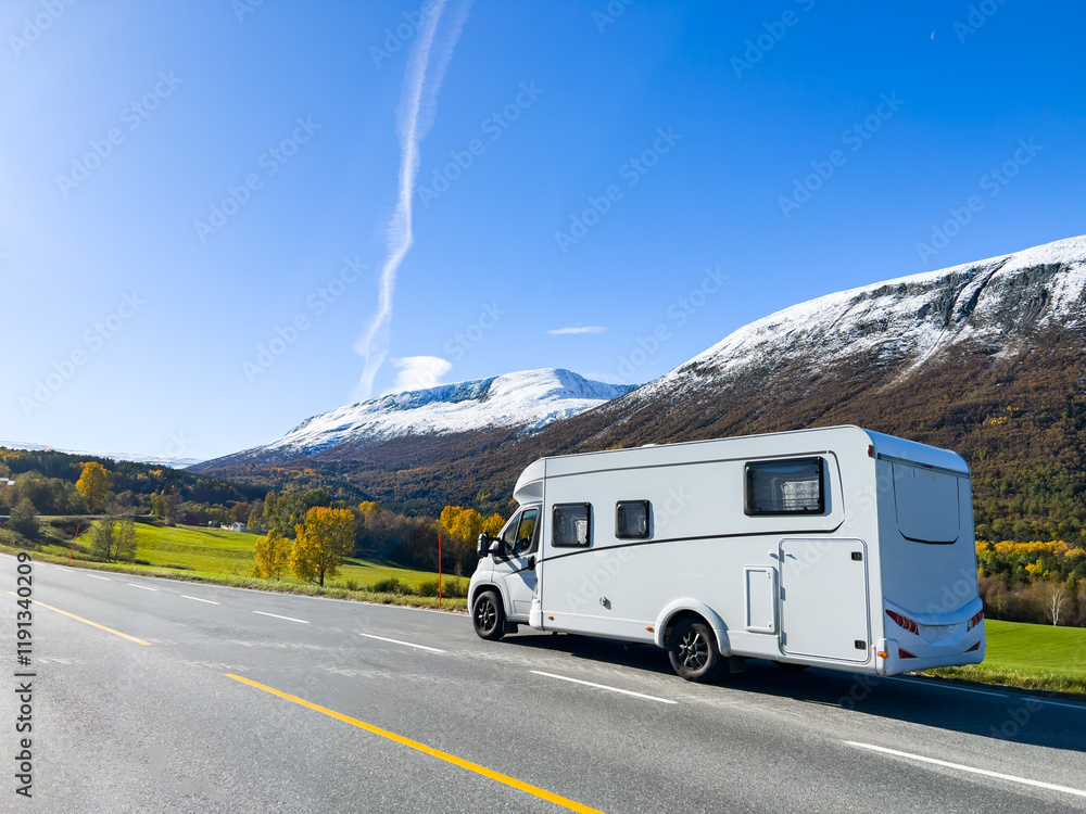 Scenic drive in norway: white camper van with stunning views of mountains and nature Scenic drive in norway: white camper van with stunning views of mountains and nature