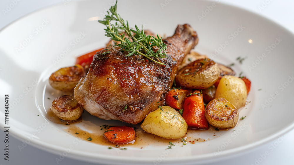 Delicious duck confit served with roasted vegetables and crispy potatoes on a white plate Delicious duck confit served with roasted vegetables and crispy potatoes on a white plate