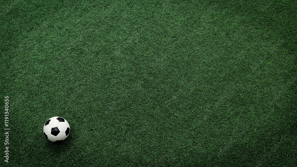 Vibrant green turf with soccer ball in corner Textured detail Vibrant green turf with soccer ball in corner Textured detail