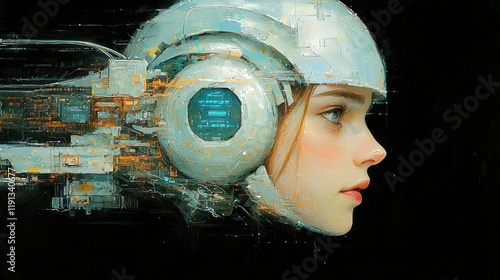 Futuristic Girl in a Technological Helmet: A Digital Painting photo