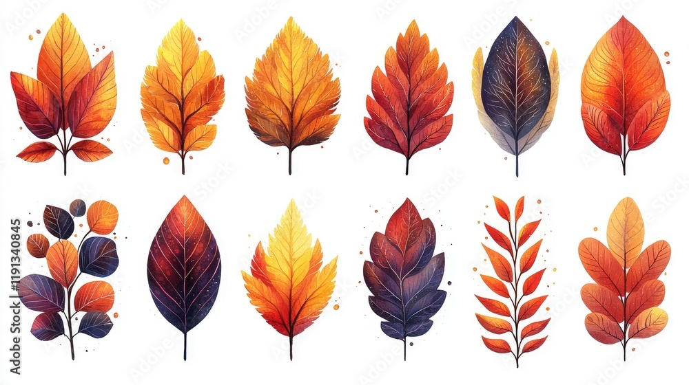 Obraz premium Autumn Leaves Collection Watercolor Style Illustration