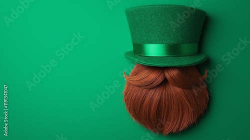 A whimsical representation of a leprechaun's green hat and red beard against a vibrant green background, perfect for St. Patrick's Day celebrations or Irish cultural themes. photo