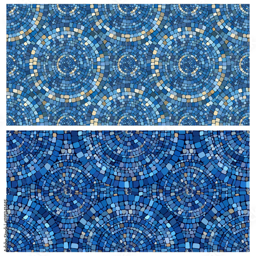 Seamless pattern blue Circular Mosaic. Decorative Antique Stone Ornament.
