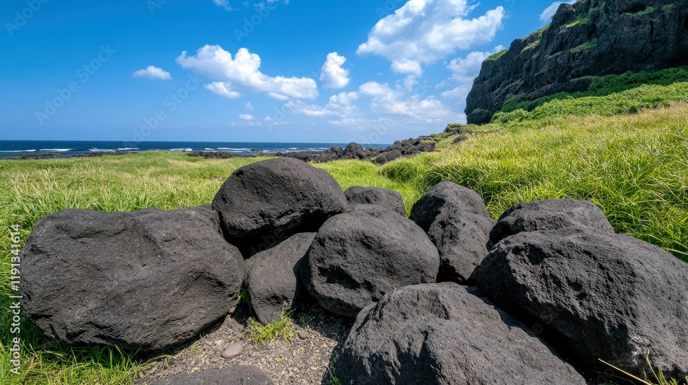 Coastal Volcanic Rocks and Grassy Landscape under a Blue Sky Coastal Volcanic Rocks and Grassy Landscape under a Blue Sky
