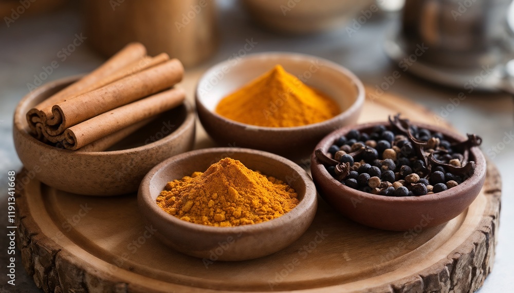 Wooden board with anti-inflammatory spices in small bowls, featuring cinnamon, turmeric, black pepper, and cloves. Wooden board with anti-inflammatory spices in small bowls, featuring cinnamon, turmeric, black pepper, and cloves.