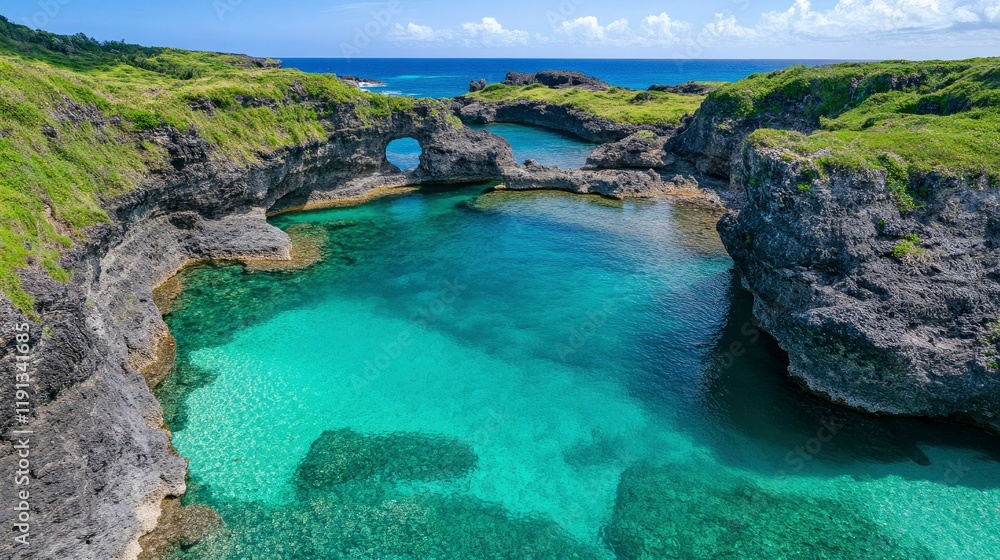 Fototapeta premium Serene Coastal Lagoon with Natural Rock Archway in Okinawa, Japan