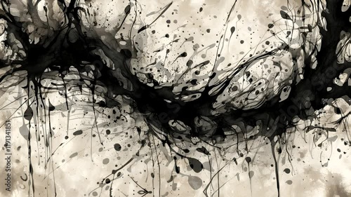 Abstract black ink splatter on a textured background, creating a dynamic artistic effect.