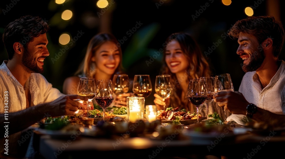 Friends enjoying a dinner party with wine and laughter. Friends enjoying a dinner party with wine and laughter.