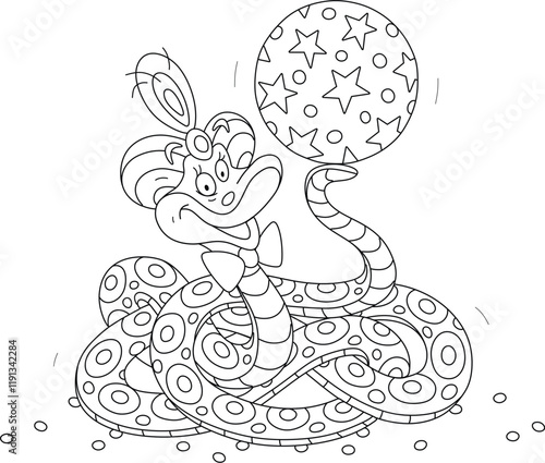 Funny circus snake charmer wearing a fakir hat and playing with a big beautiful ball in an amusing performance, black and white outline vector cartoon illustration for a coloring book