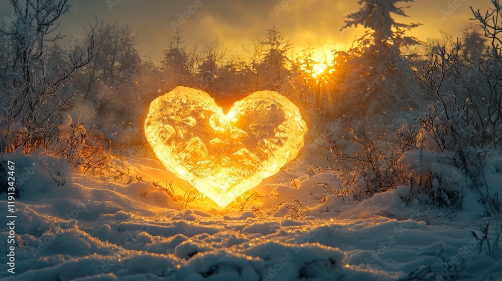 Fototapeta premium Enchanting Winter Wonderland: Glowing Heart Shape in Snowy Landscape Captures Romance and Warmth