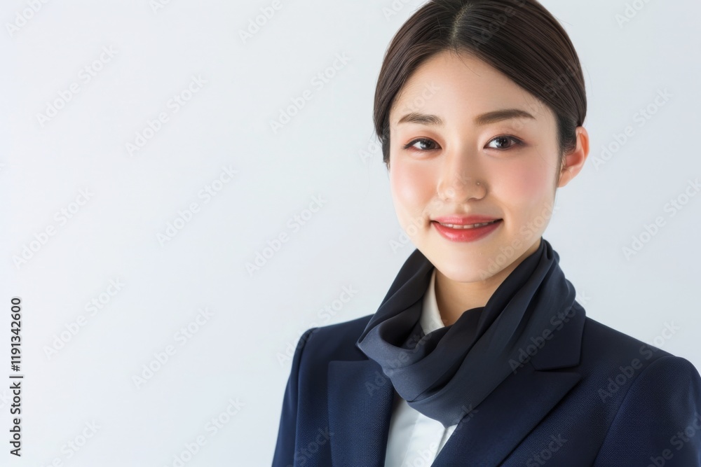 Japanese flight attendant in navy blue uniform airport. Japanese flight attendant in navy blue uniform airport.