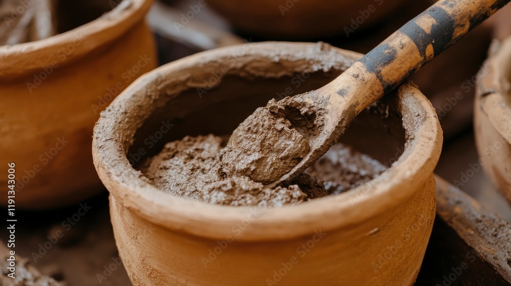 Clay Mixture in Earthenware Bowls with Wooden Spoon Clay Mixture in Earthenware Bowls with Wooden Spoon