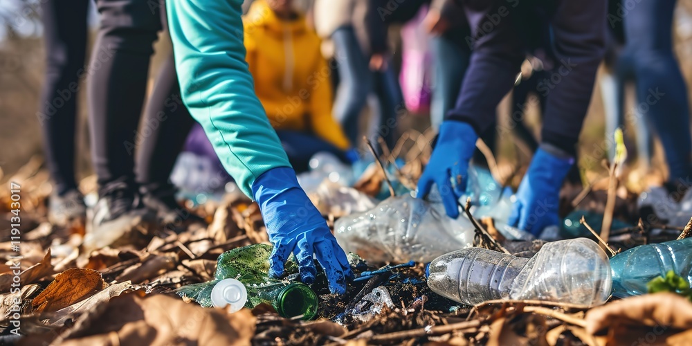 Obraz premium A group of people are picking up trash on the ground, including plastic bottles