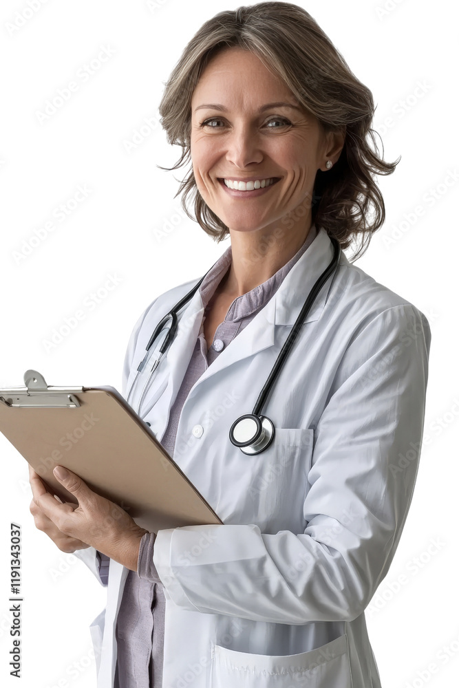 A happy Caucasian female scientist in her 40s, holding a clipboard, smiling confidently, isolated on transparent background, PNG file A happy Caucasian female scientist in her 40s, holding a clipboard, smiling confidently, isolated on transparent background, PNG file