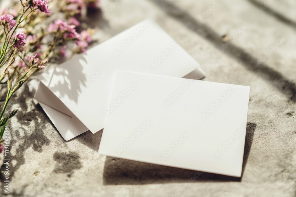 Blank cards, flowers, sunlight, concrete, mockup Blank cards, flowers, sunlight, concrete, mockup