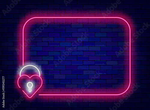 Happy Valentines day neon poster. February shopping and party. Empty pink frame. Vector illustration