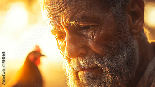 Tearful Saint Peter’s face illuminated by the soft dawn light, intricate wrinkles and tears visible, a rooster crowing in the blurred background, serene yet sorrowful atmosphere, hd realism, photo