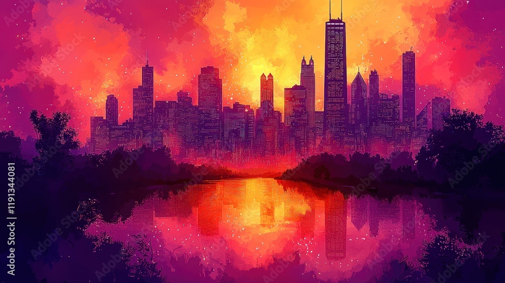Fototapeta premium Cityscape at Sunset: A Vibrant Urban Reflection
