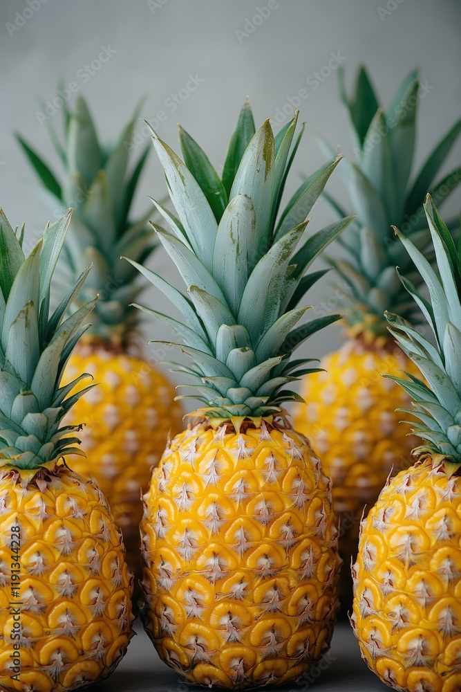 Four ripe pineapples, close-up view. Four ripe pineapples, close-up view.