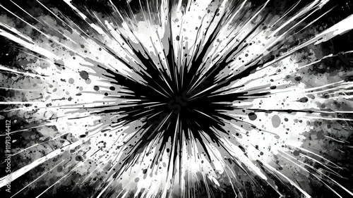 An abstract explosion graphic with black and white splashes, conveying energy and impact.