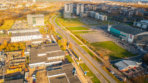 Aerial photo from drone to the modern district of Skanste in Riga. The Skanste district is also home to the large Arena Riga. Riga, Latvia (Series)