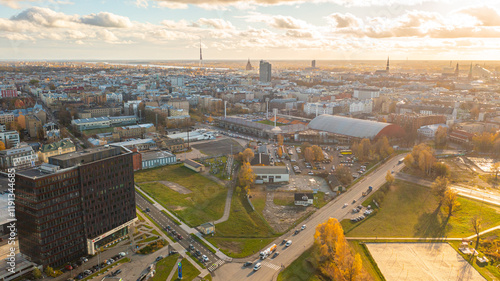 Aerial photo from drone to the modern district of Skanste in Riga. The Skanste district is also home to the large Arena Riga. Riga, Latvia (Series)