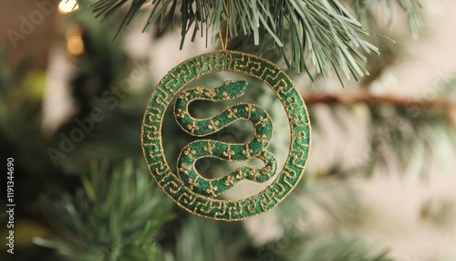 Handcrafted green gold snake ornament celebrating the Year of the Snake hanging from blurred greenery