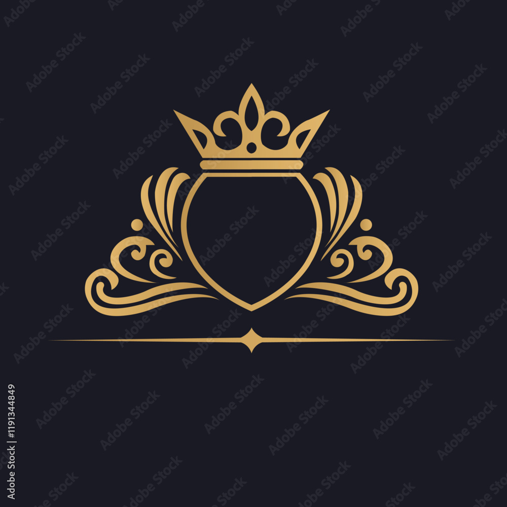 Fototapeta premium Elegant Golden Emblem with Crown and Laurel Wreath on Dark Blue Background