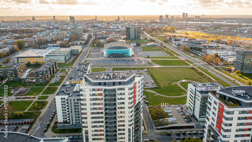 Aerial photo from drone to the modern district of Skanste in Riga. The Skanste district is also home to the large Arena Riga. Riga, Latvia (Series)