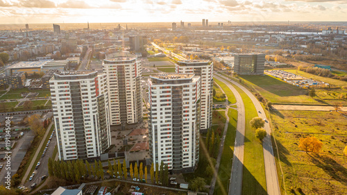 Aerial photo from drone to the modern district of Skanste in Riga. The Skanste district is also home to the large Arena Riga. Riga, Latvia (Series)