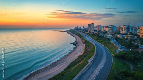 Fototapeta Naklejka Na Ścianę i Meble -  Coastal highway at sunrise, city skyline, ocean view.