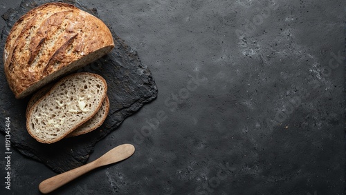 Top view of slate gray kitchen countertop with sliced sourdough bread and wooden butter knife photo