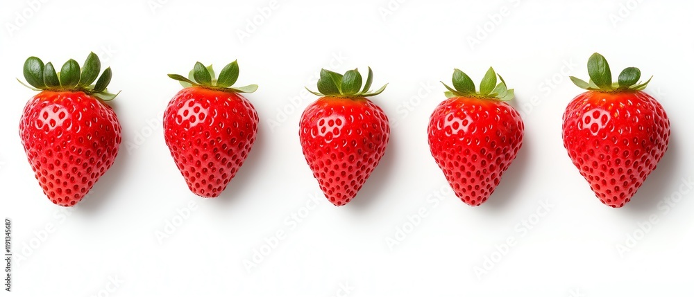 Fresh, vibrant strawberries arranged in a row, showcasing their juicy red color and green leaves, perfect for food photography, desserts, and healthy eating concepts. Fresh, vibrant strawberries arranged in a row, showcasing their juicy red color and green leaves, perfect for food photography, desserts, and healthy eating concepts.