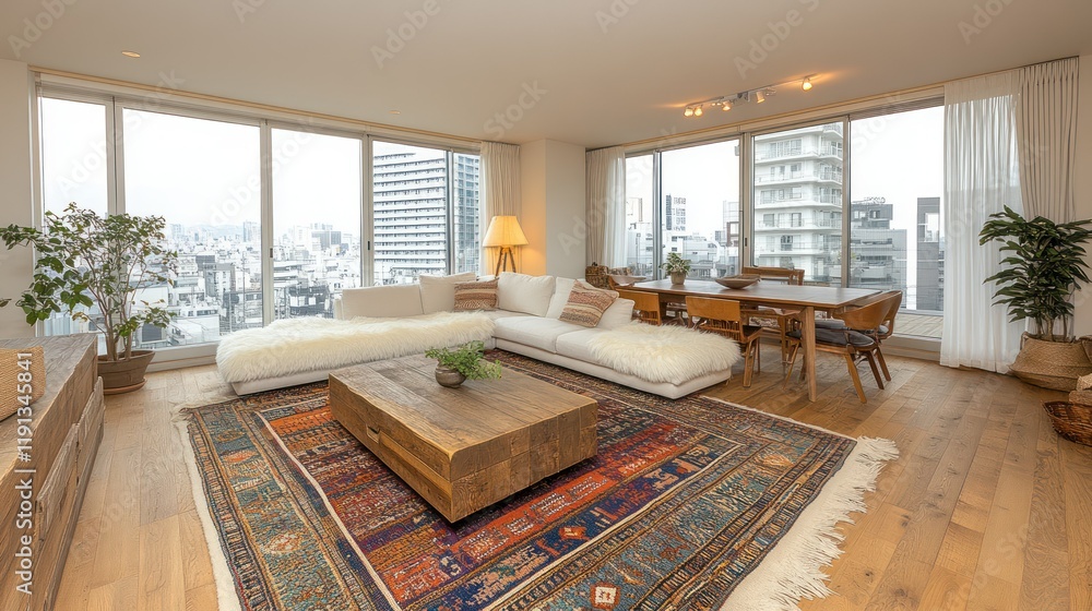 Modern living room with city view and cozy furnishings. Modern living room with city view and cozy furnishings.