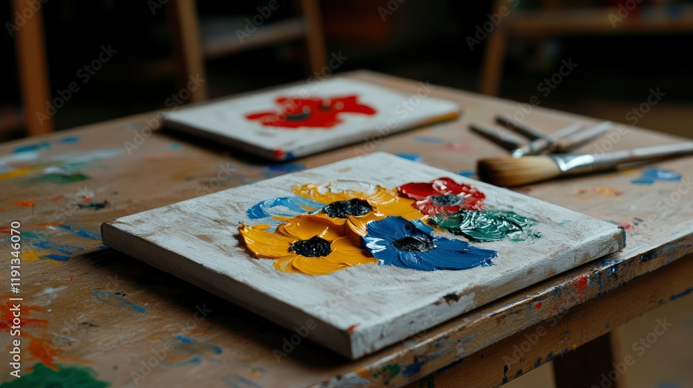 Impasto Flower Painting on Canvas with Paintbrushes and Palette Impasto Flower Painting on Canvas with Paintbrushes and Palette